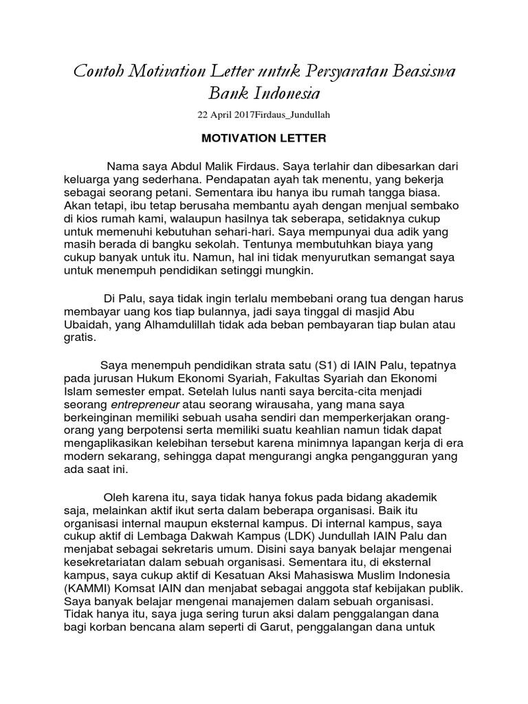 Contoh Surat Essai Beisiswa