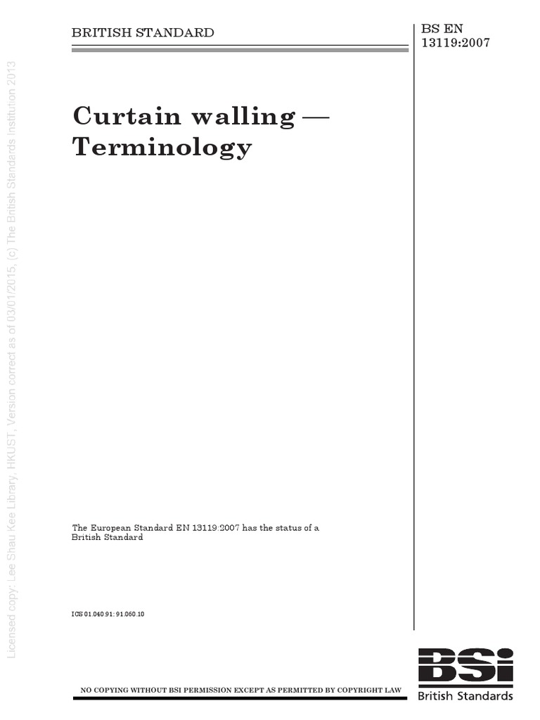 Bs En 13119 2007 Curtain Walling Terminology Engineering