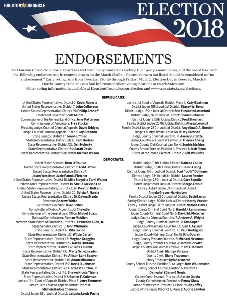 Print-And-Take PDF of Endorsements For 2018 Primary Election in Texas ...