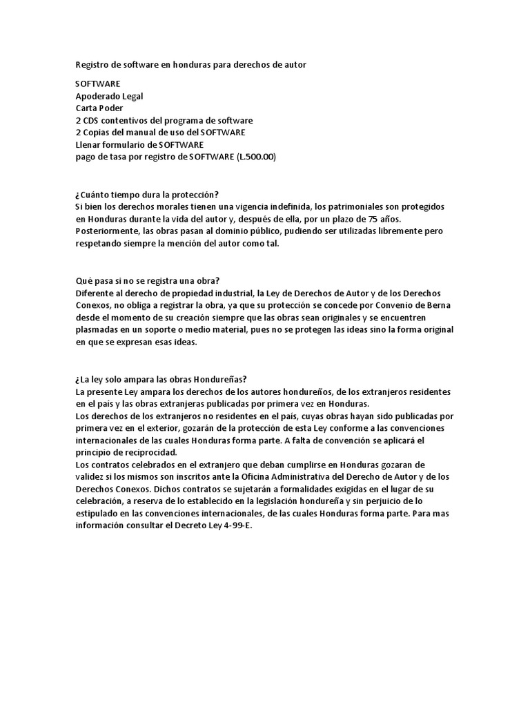 Registro de Software y Derechos de Autor en Honduras | PDF
