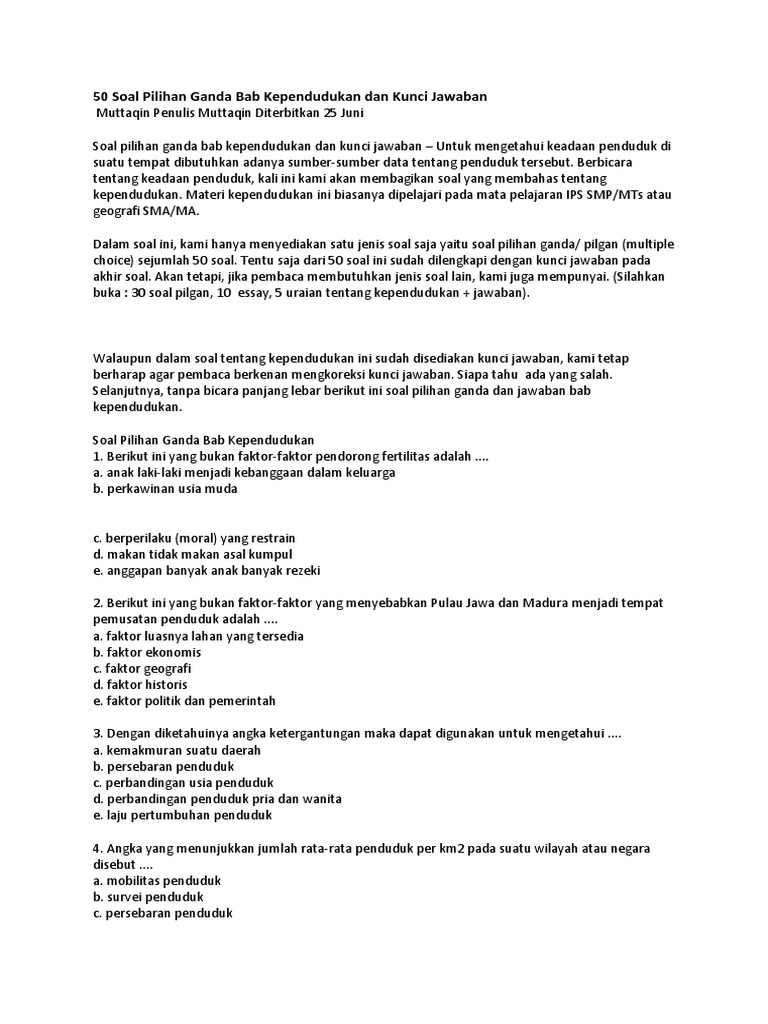 50 Soal Pilihan Ganda Bab Kependudukan Dan Kunci Jawaban