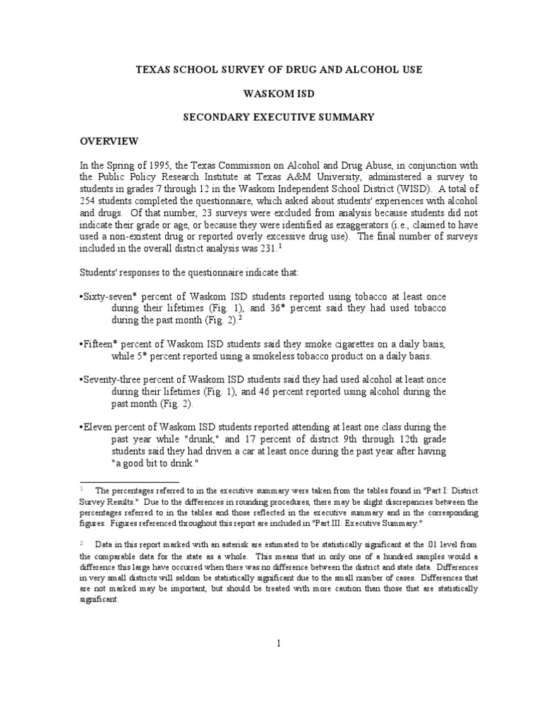 Waskom Isd 1995 TEXAS SCHOOL SURVEY OF DRUG AND ALCOHOL USE PDF