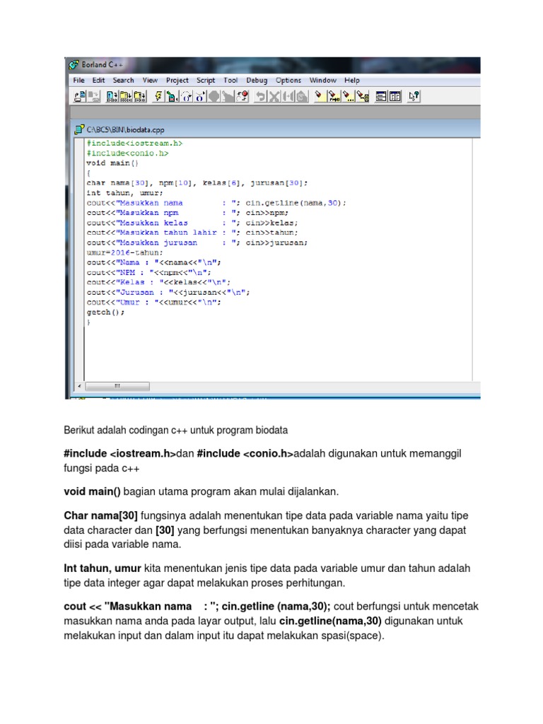 C++: Program Biodata & Volume Kerucut | PDF