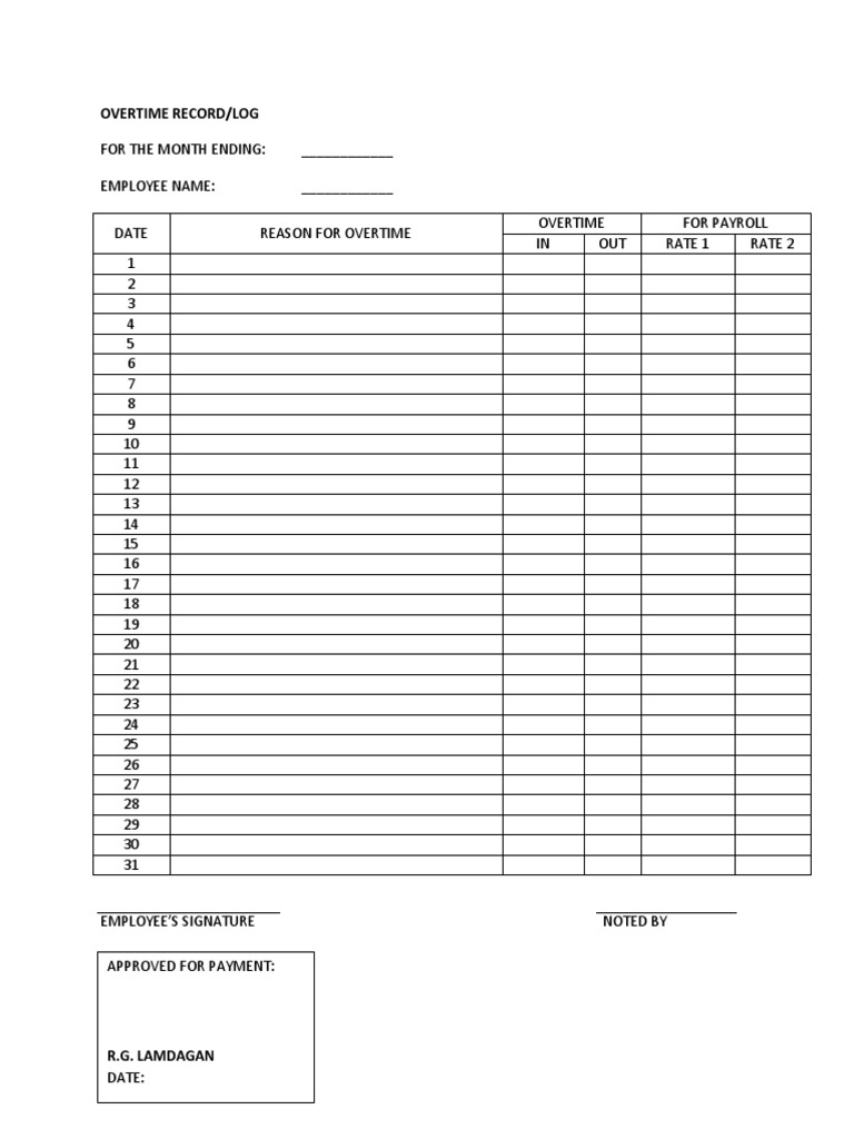 Monthly Overtime Record Sheet | PDF