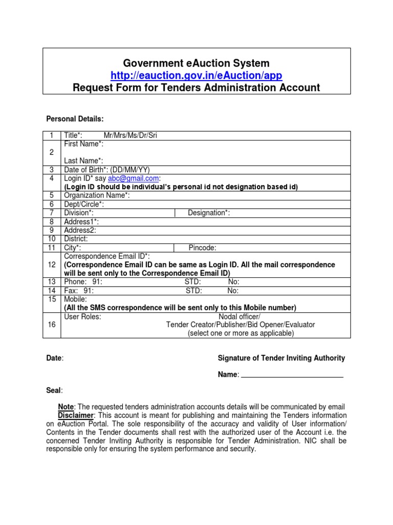 eAuction Tender Administration Account Form | PDF | Finance & Money ...