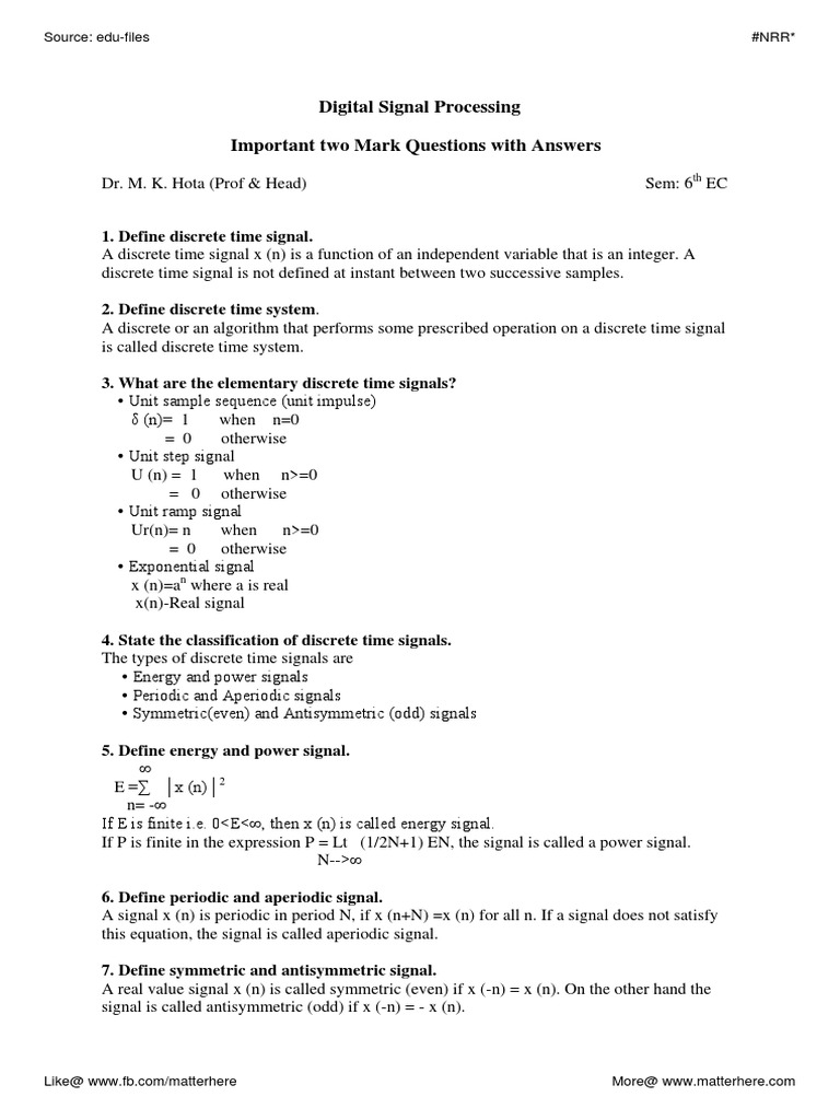 Digital Signal Processing Important Two Mark Questions With Answers