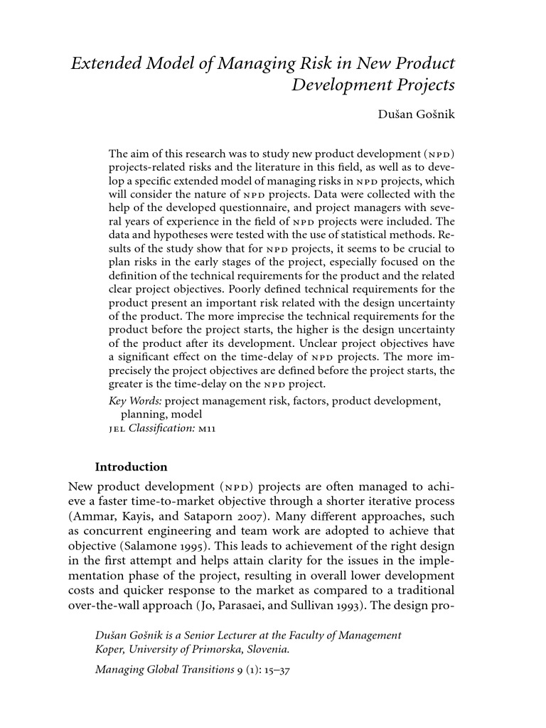 Extended Model of Managing Risk in New Product Development Projects ...