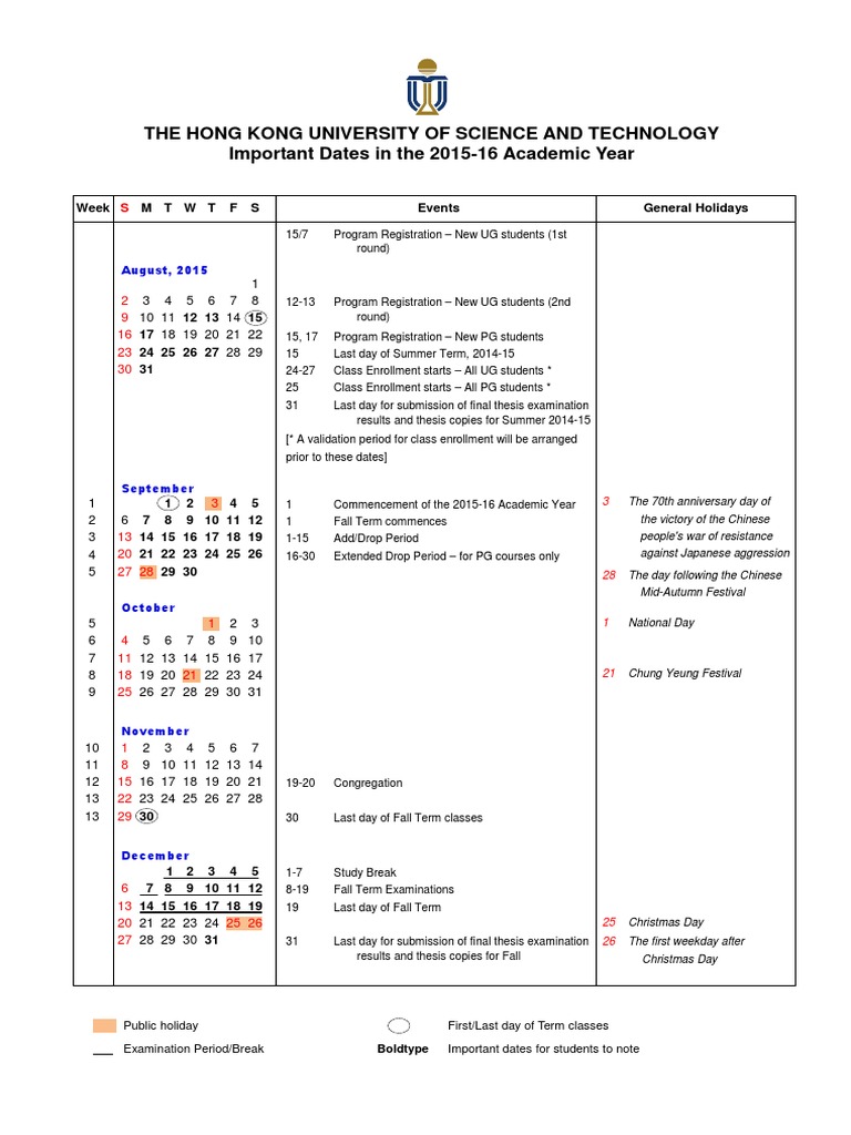HKUST Calendar (15-16) PDF | PDF | Academic Term | Thesis