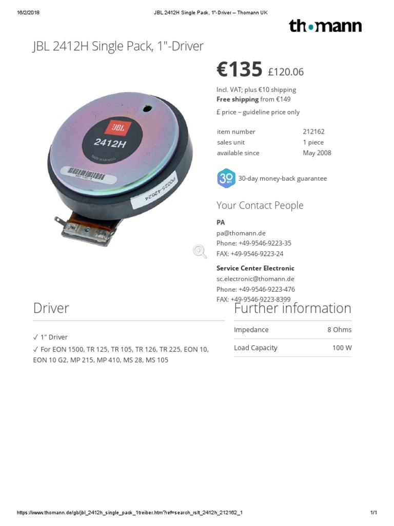 JBL 2412H Driver Specifications | PDF | Electrical Engineering