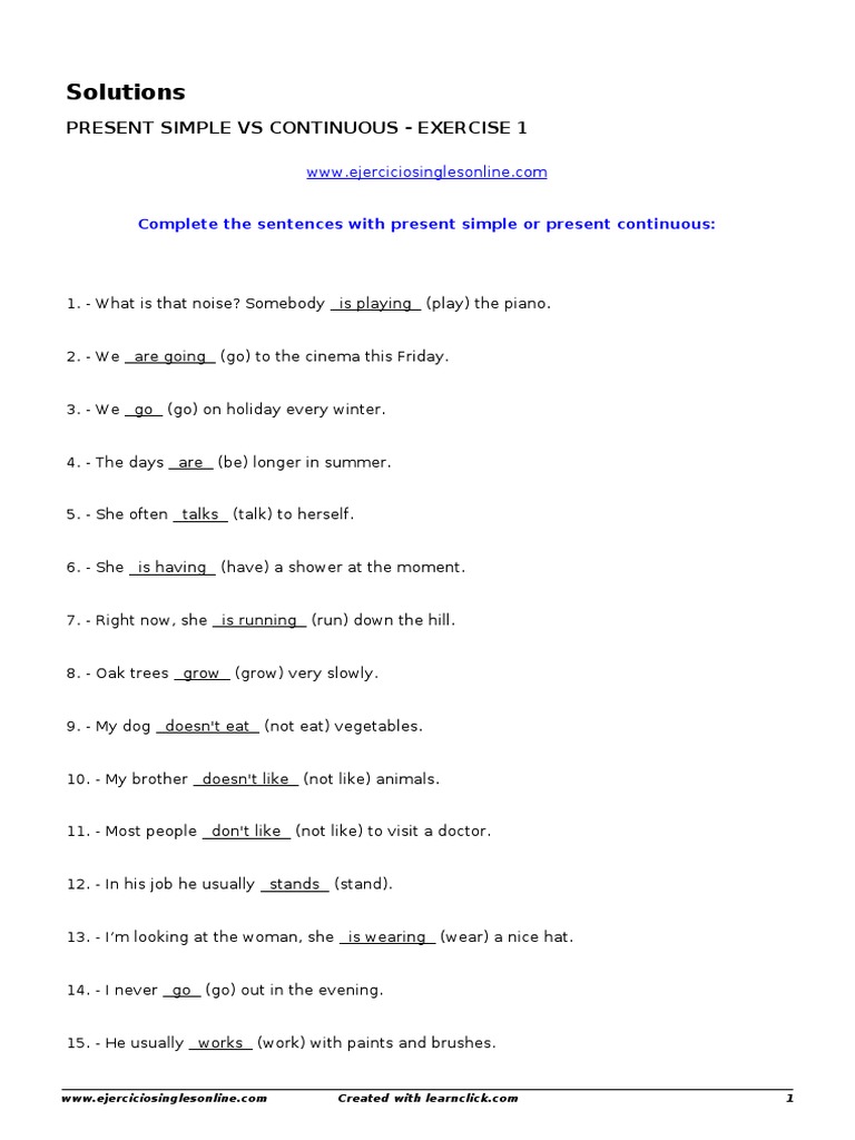 Solutions Present Simple Vs Continuous Exercise 1 | PDF | Language Arts ...