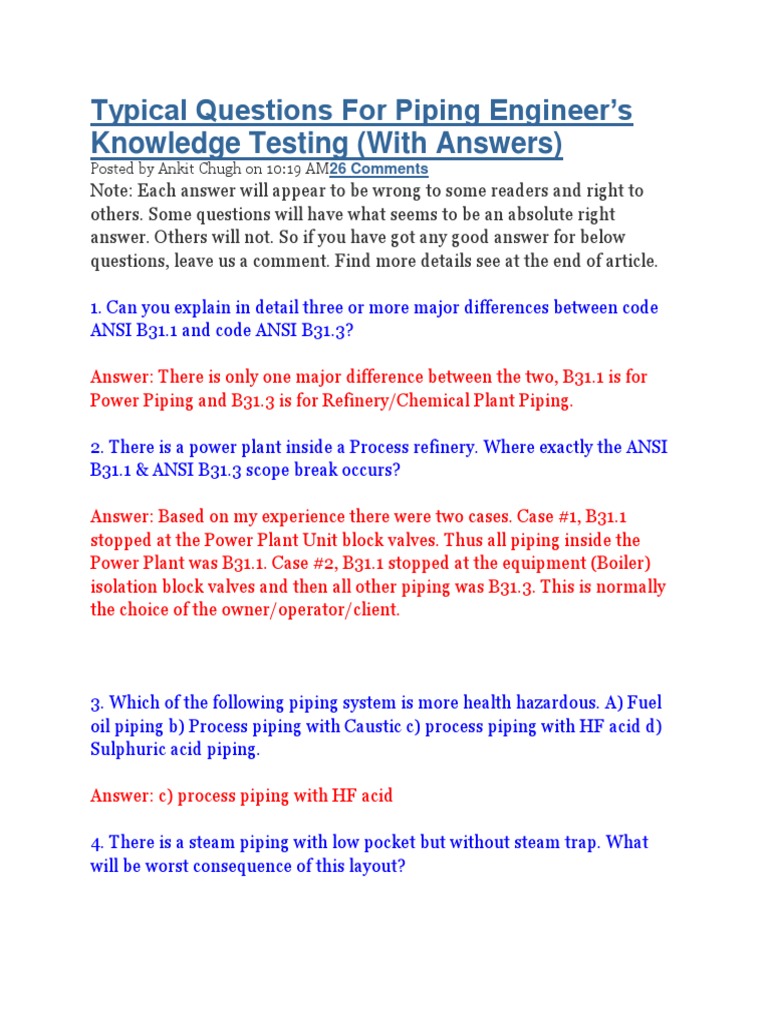 Typical Questions For Piping Engineer PDF Pipe (Fluid Conveyance
