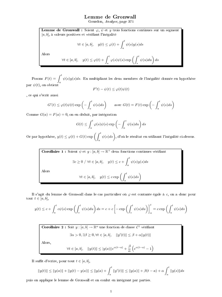 Lemme de Gronwall et ses corollaires PDF Inégalité (mathématiques — free download