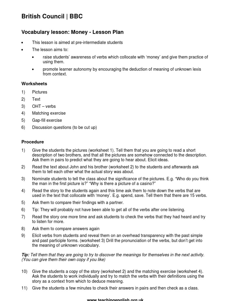 money vocabulary lesson plan pdf lesson plan linguistics