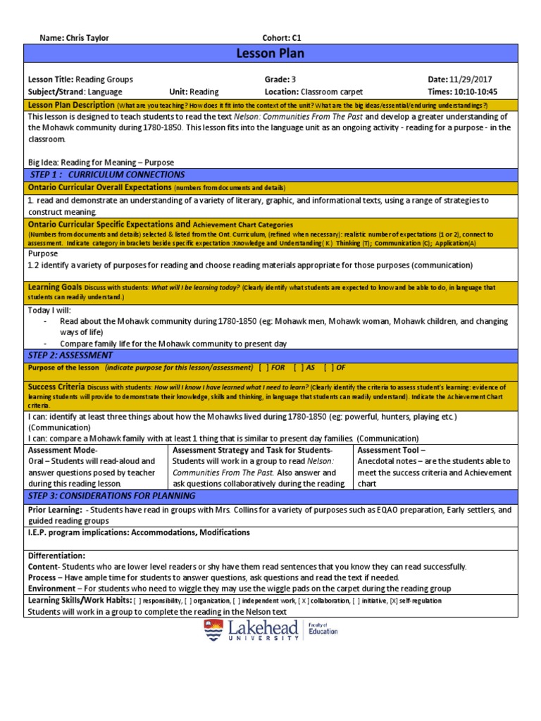 Grade 3 Mohawk Community Reading Lesson | PDF | Lesson Plan | Curriculum