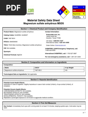 Material Safety Data Sheet: Magnesium Sulfate Anhydrous MSDS | PDF 
