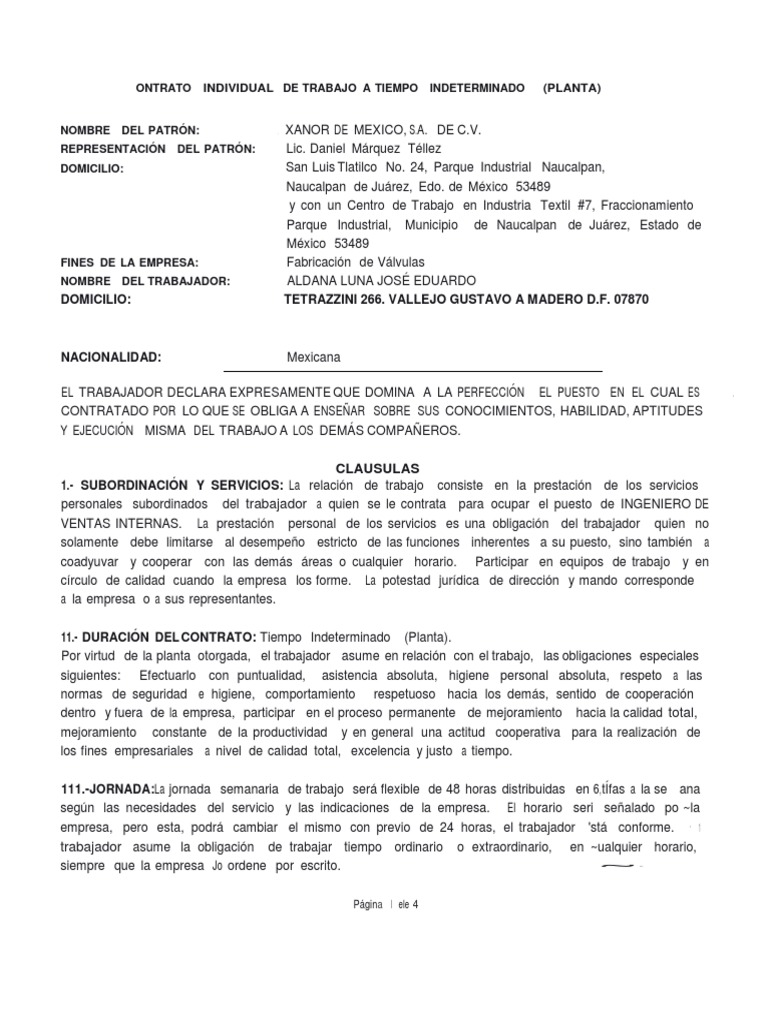 Contrato Individual de Trabajo a Tiempo Indeterminado