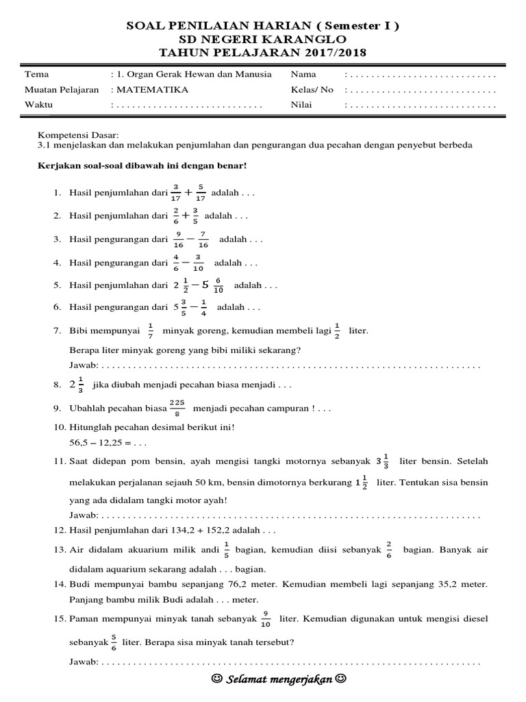 Soal Penilaian Harian Kelas 5 Semester 1 Tema. 1 Muatan Matematika