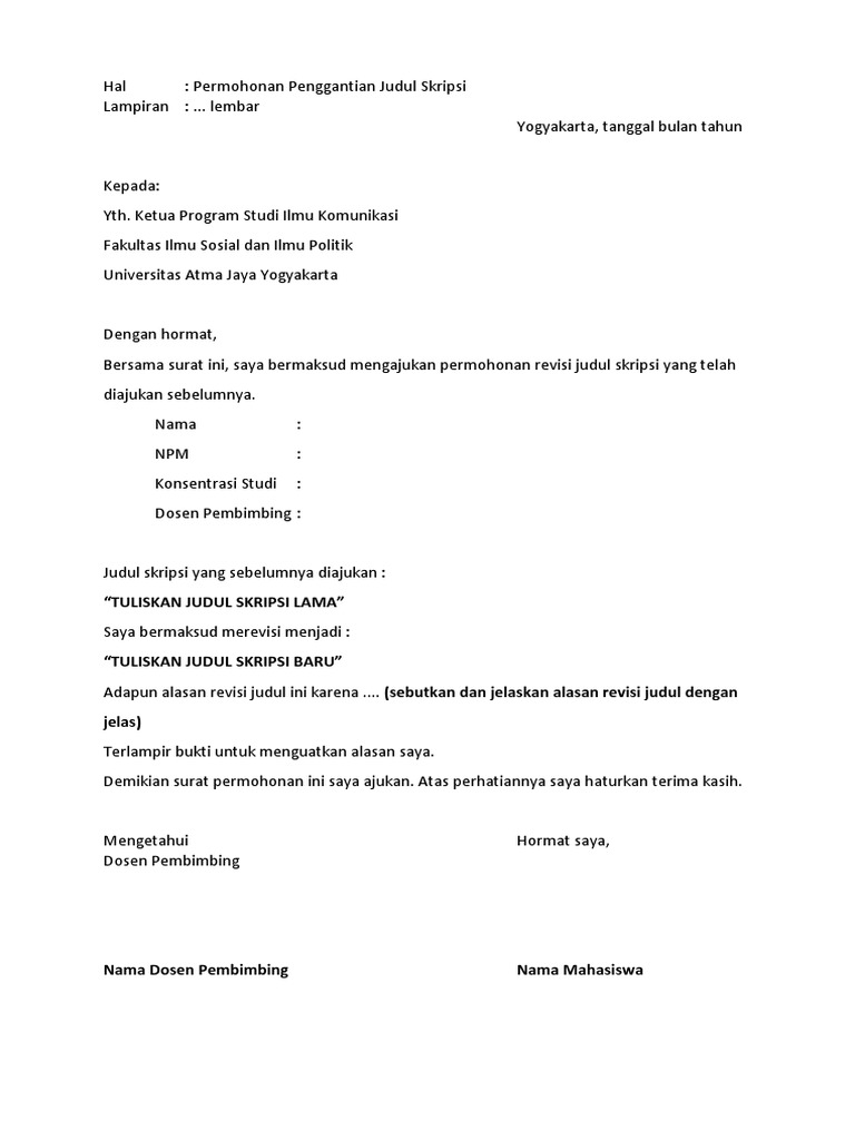 Surat Contoh Format Penggantian Judul Skripsi