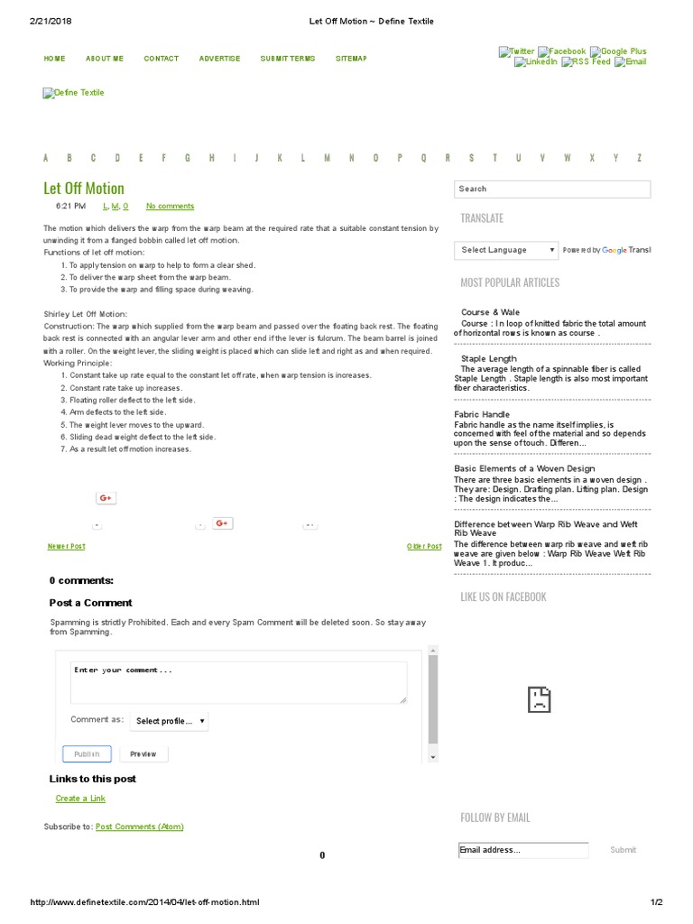 Let Off Motion - Define Textile | PDF | Weaving | Lever