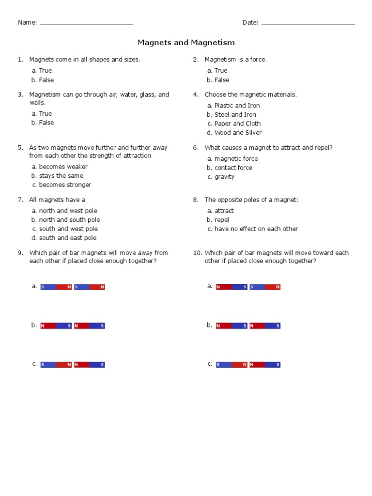 Magnets And Magnetism Grade 3 Free Printable Tests And Worksheets HelpTeaching PDF