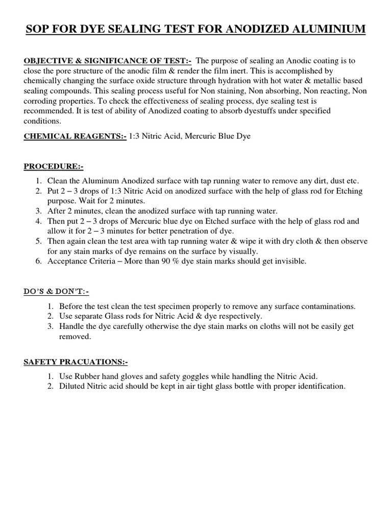 SOP For Dye Sealing Test For Anodized Aluminium | PDF