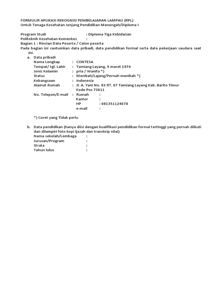 Formulir RPL Tenaga Kesehatan | PDF