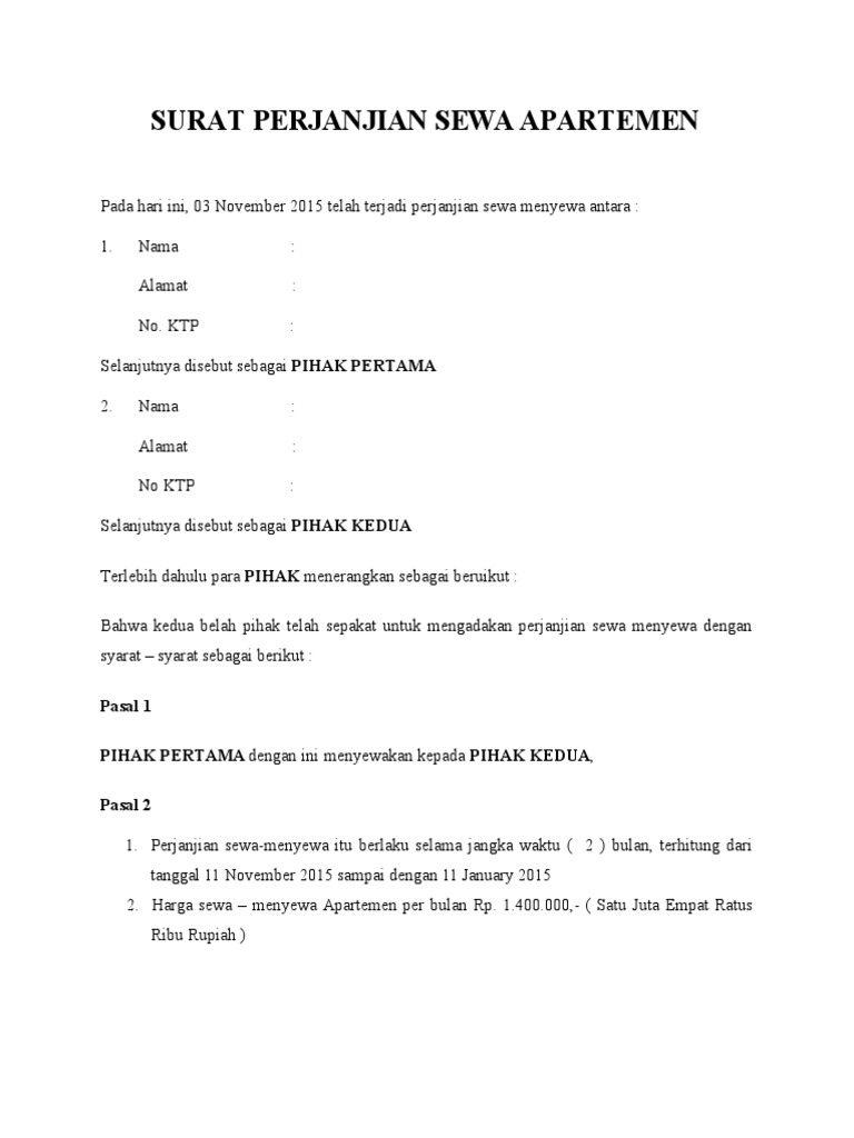 surat perjanjian sewa rumah 2018