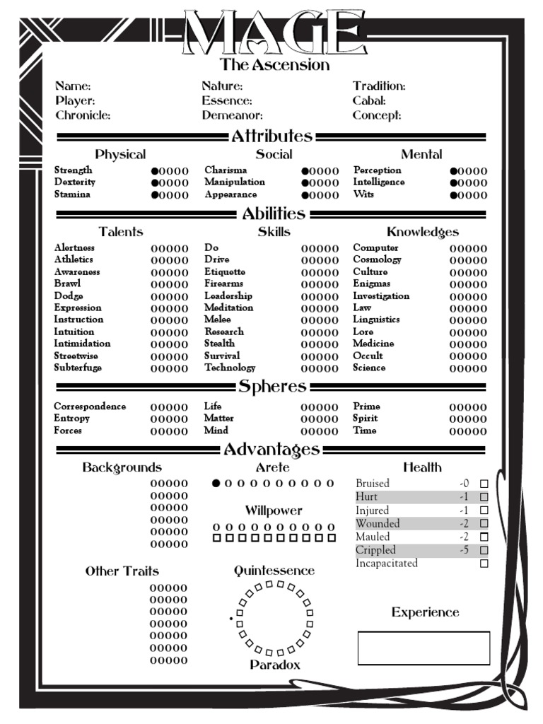 Mage The Ascension Character Sheet PDF Leisure Sports