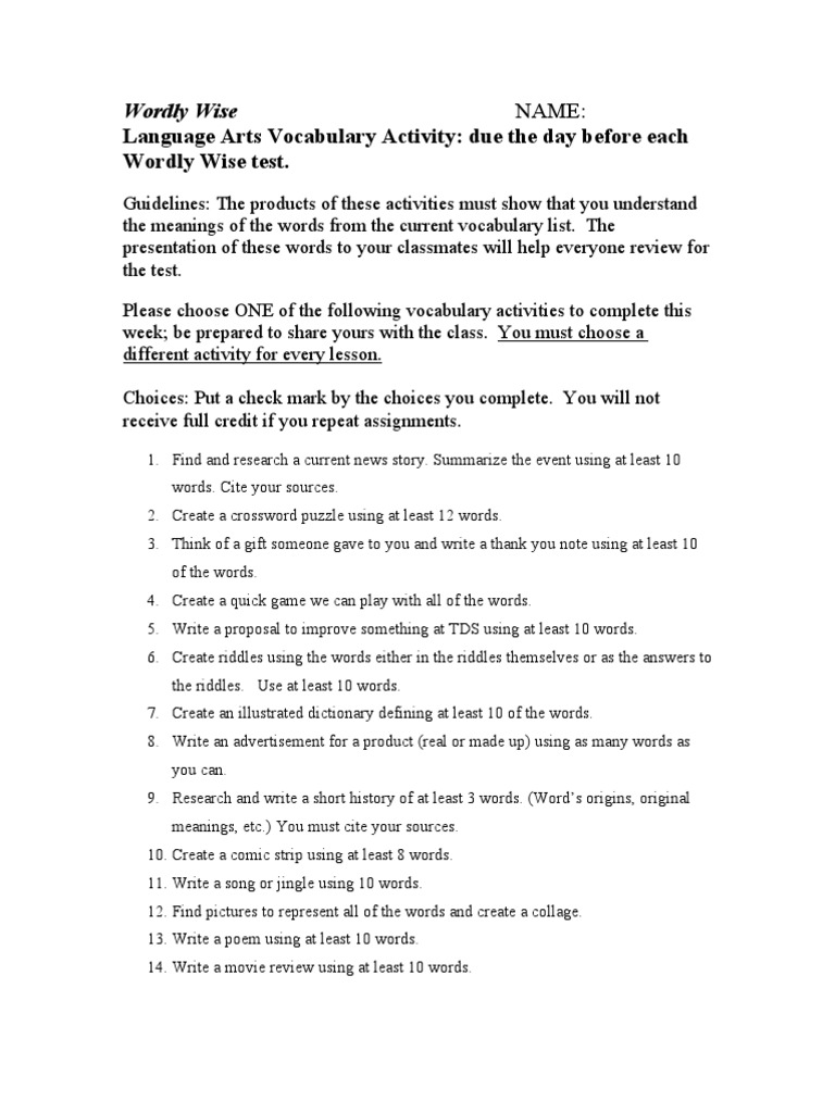 Vocabulary Activities for Wordly Wise | PDF