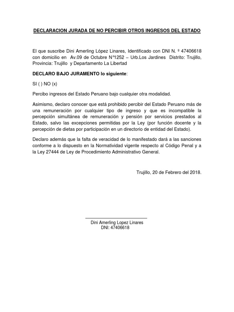 Declaracion Jurada de No Percibir Otros Ingresos Del Estado | PDF
