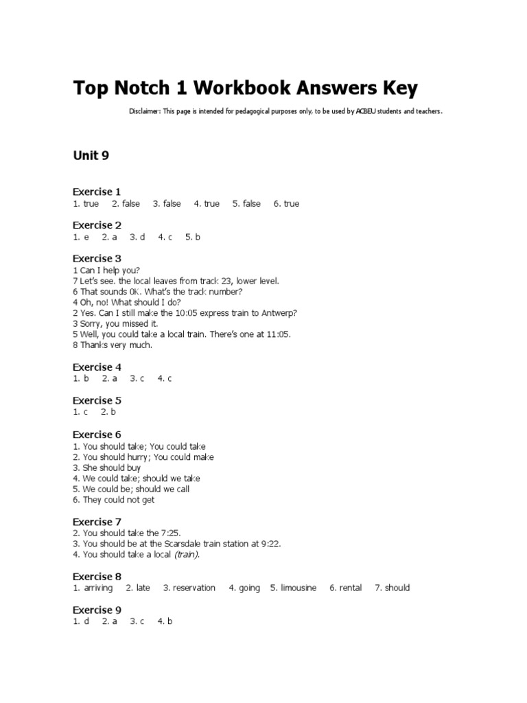 Top Notch 1 Workbook Answers Key Unidade 9 PDF