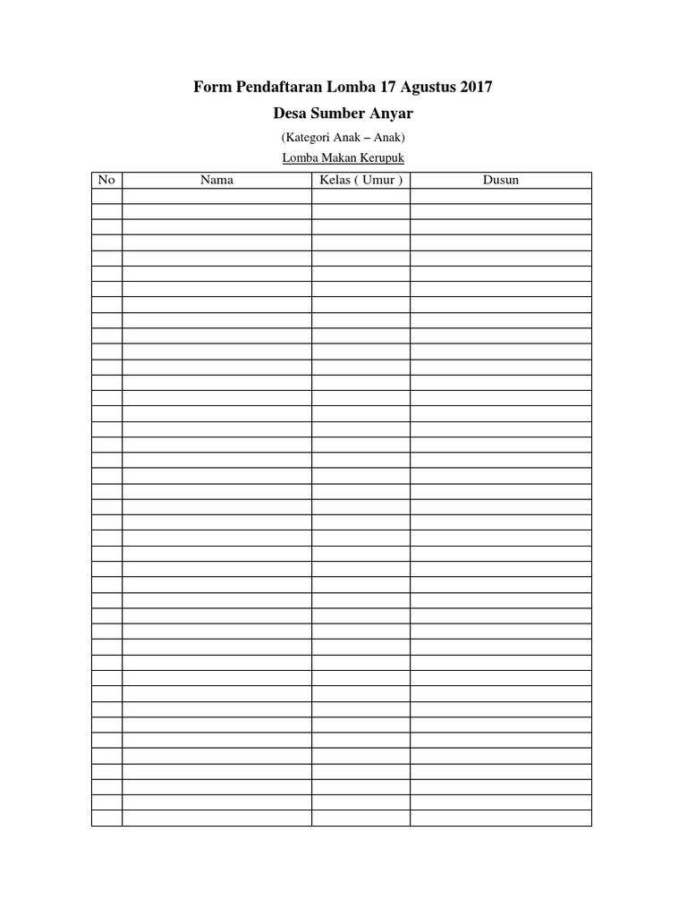 Contoh Daftar Peserta Lomba 17 Agustus - Gambar Ngetrend dan VIRAL