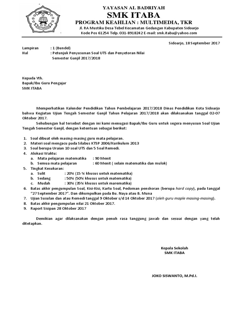 Surat Pemberitahuan Pembuatan Soal UTS Dan Jadwal.docx