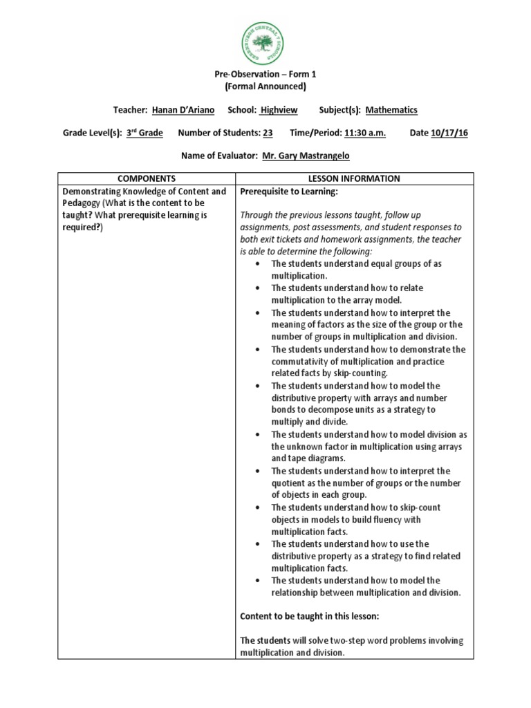 3rd Grade Math Lesson Plan: Word Problems | PDF | Multiplication | Homework