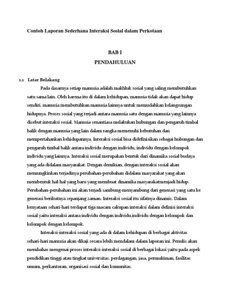 Contoh Laporan Sederhana Interaksi Sosial Dalam Perkotaan Bab I Pendahuluan