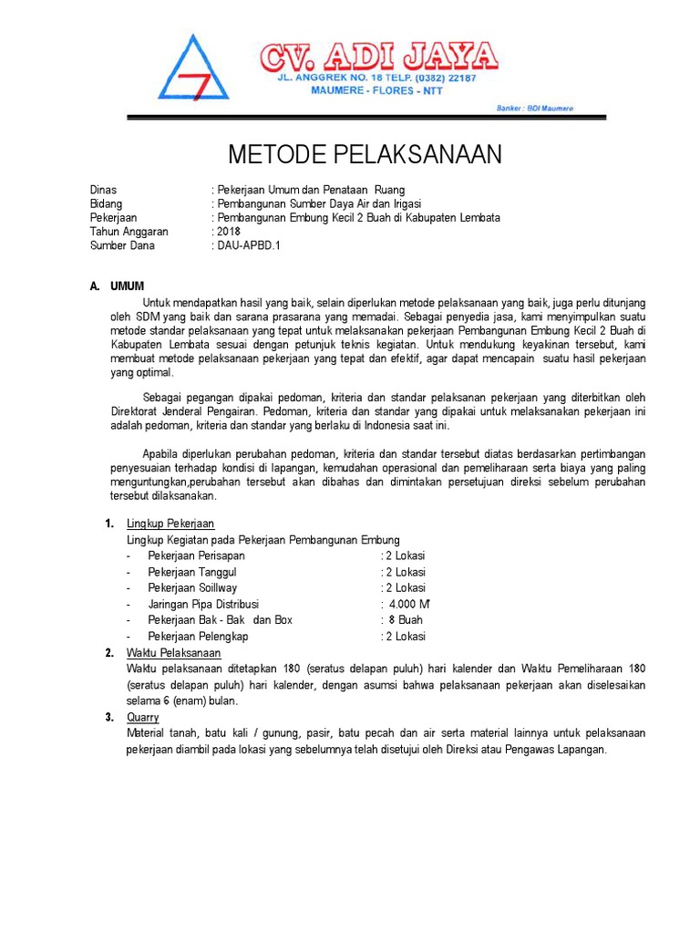Metode Pembangunan Embung Kecil Lembata | PDF