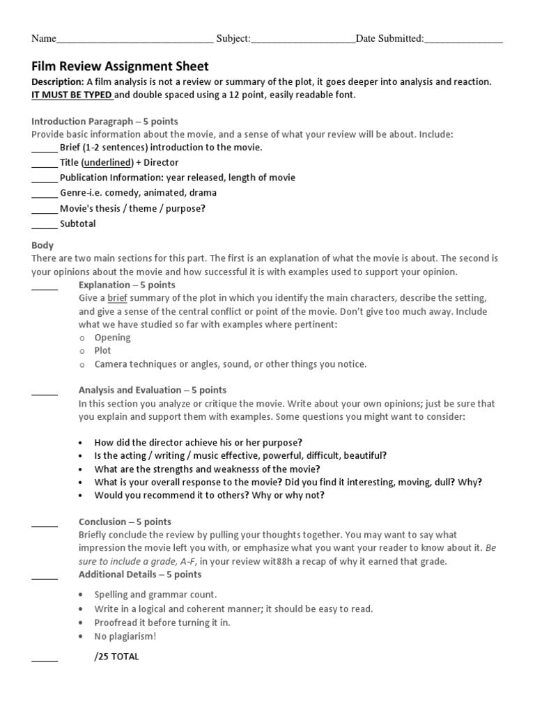 Film Review Rubric  PDF  English Language  Rubric (Academic)