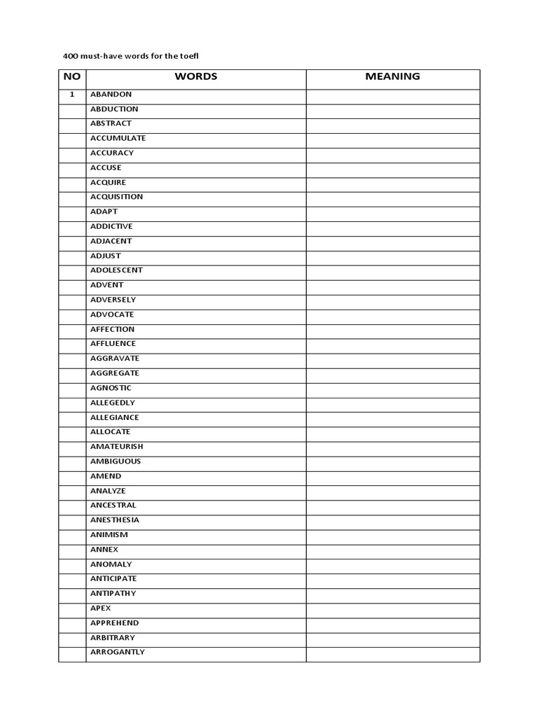 Essential TOEFL Vocabulary List | PDF