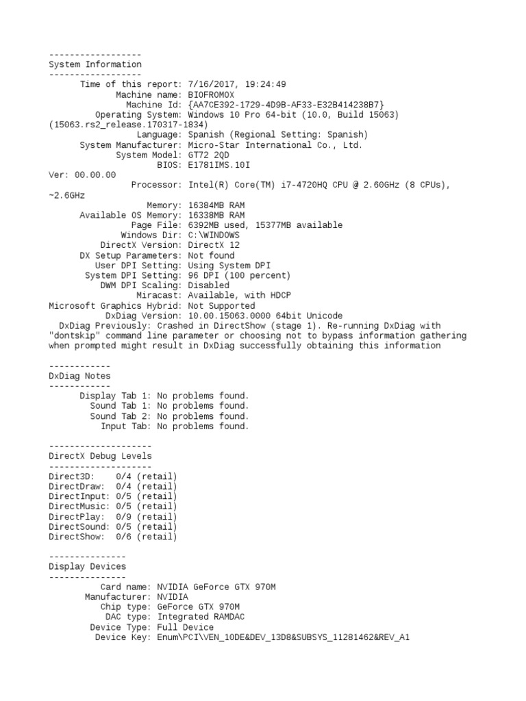 Dxdiag Output | PDF