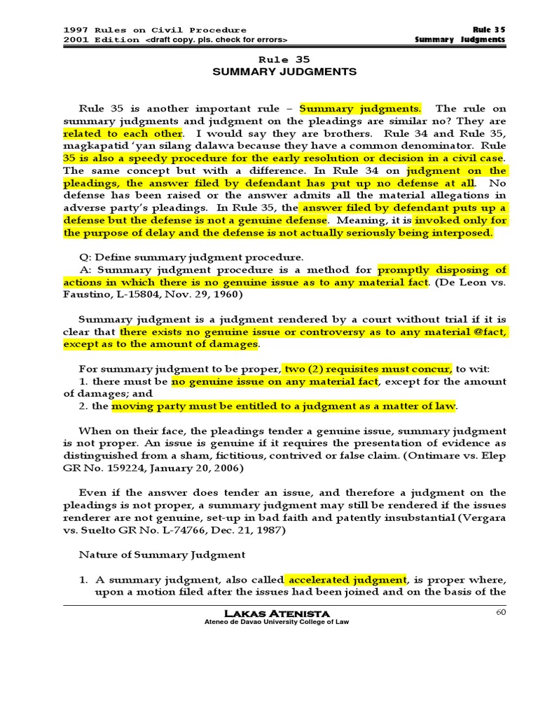 Summary Judgments Under Rule 35 | PDF | Summary Judgment | Pleading