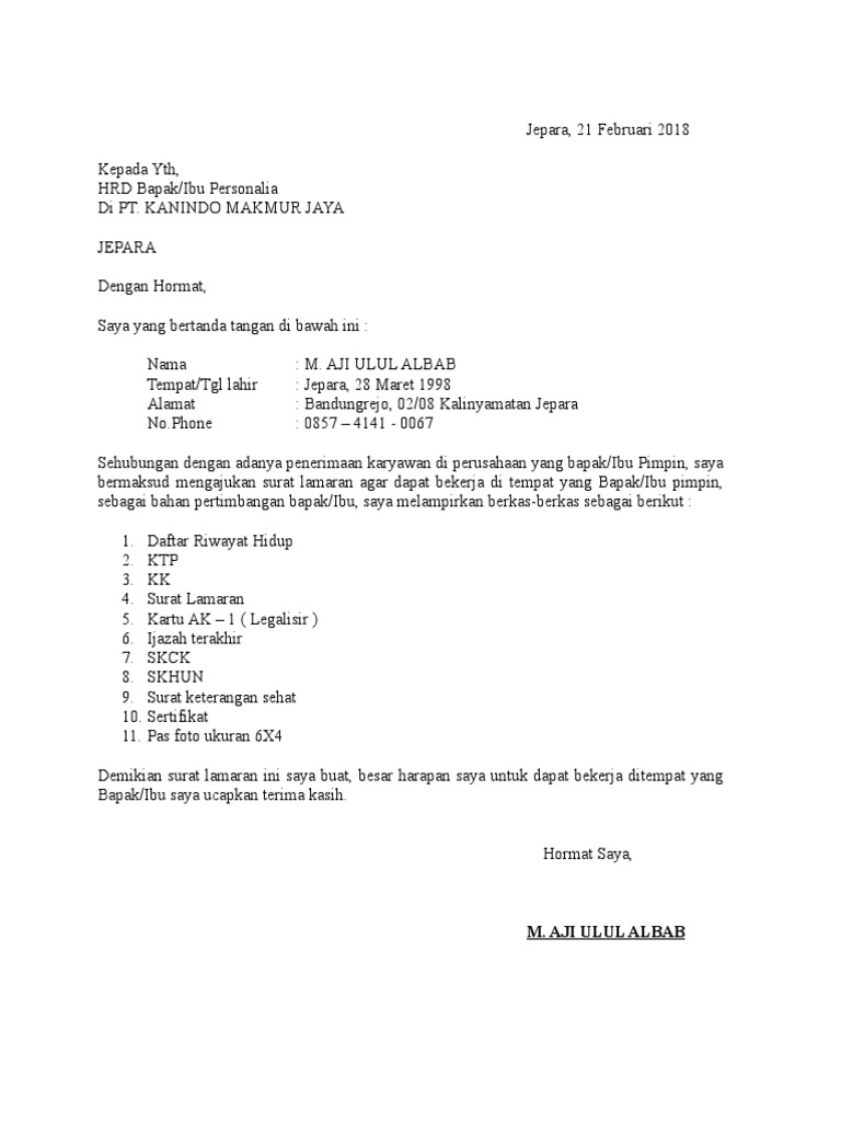 18 Contoh Surat Lamaran Kerja Di Pt Kanindo Jepara
