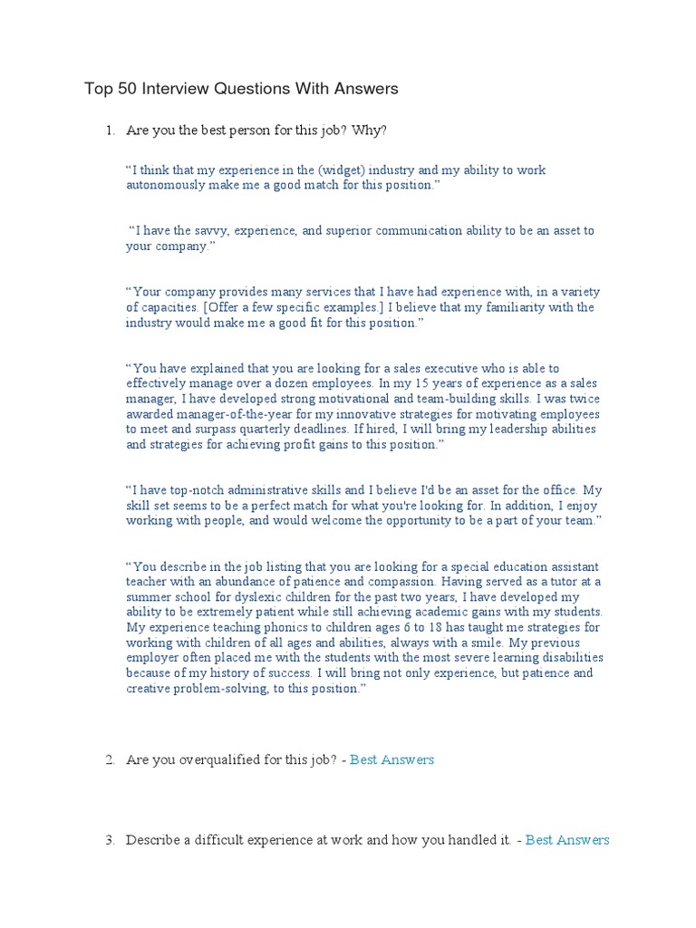 Top 50 Interview Questions With Answers | PDF | Motivation | Motivational