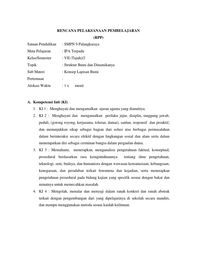Rpp Lapisan Bumi Kelas 7 Kurikulum 2013 Rismax