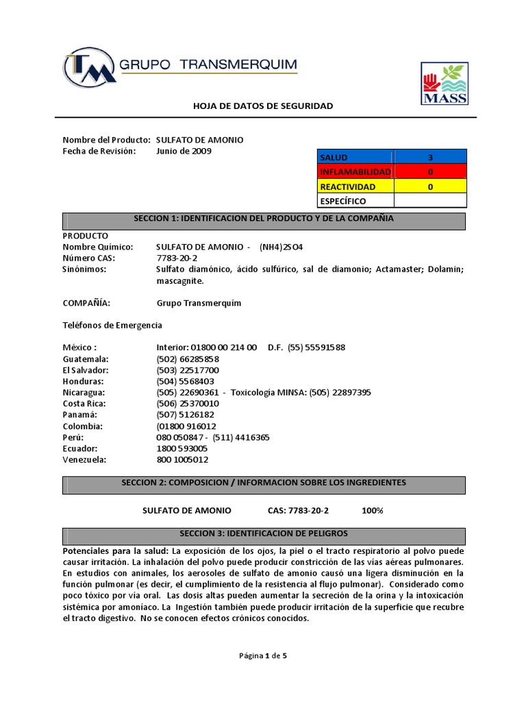 Sulfato de Amonio Msds Amoníaco Potasio