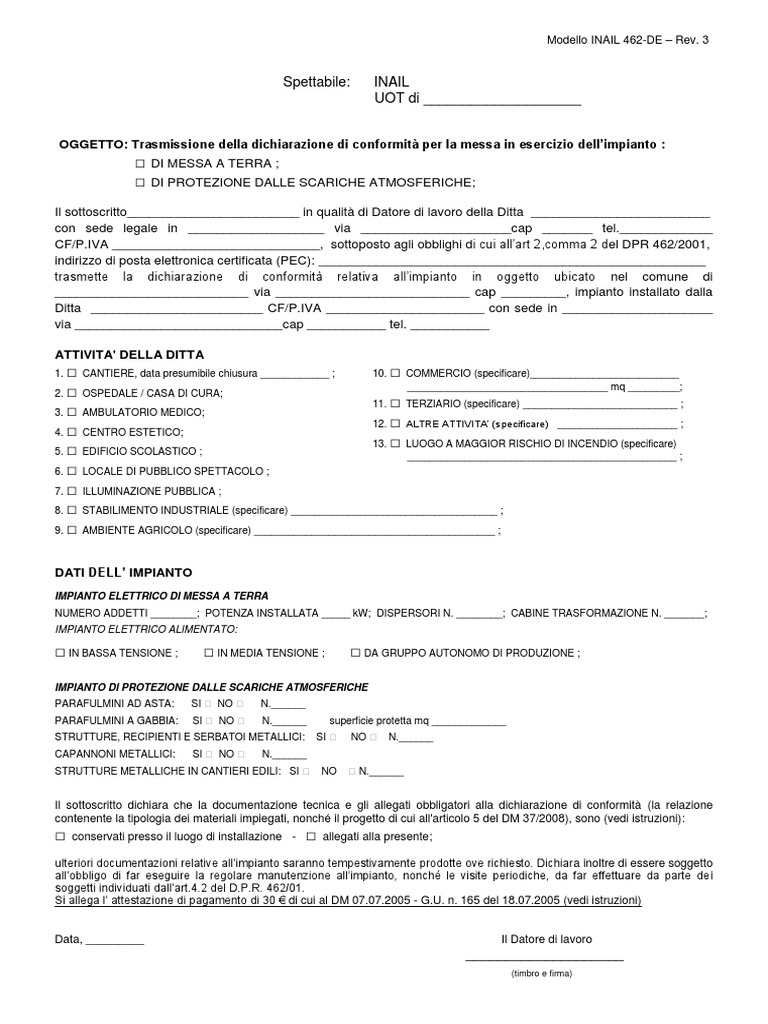 Modello Inail Impianto Elettrico Di Cantiere - 084756 PDF | PDF