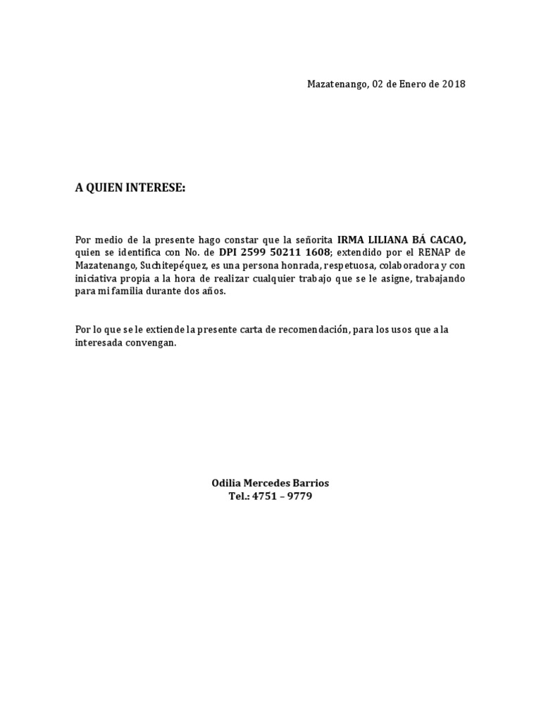 2 Cartas de Recomendacion Para Empleada Domestica