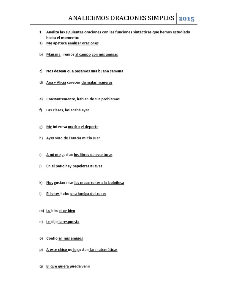 Análisis de Oraciones Simples | PDF | Métodos y materiales de enseñanza ...