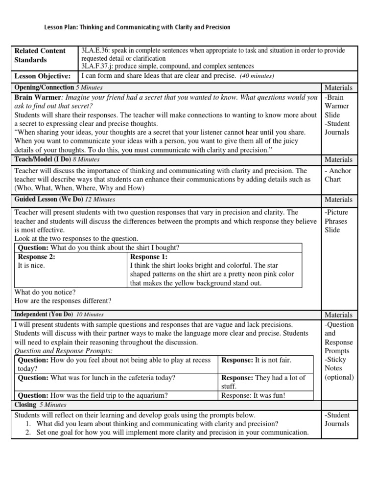 Clarity and Precision in Communication Lesson | PDF | Question | Teachers
