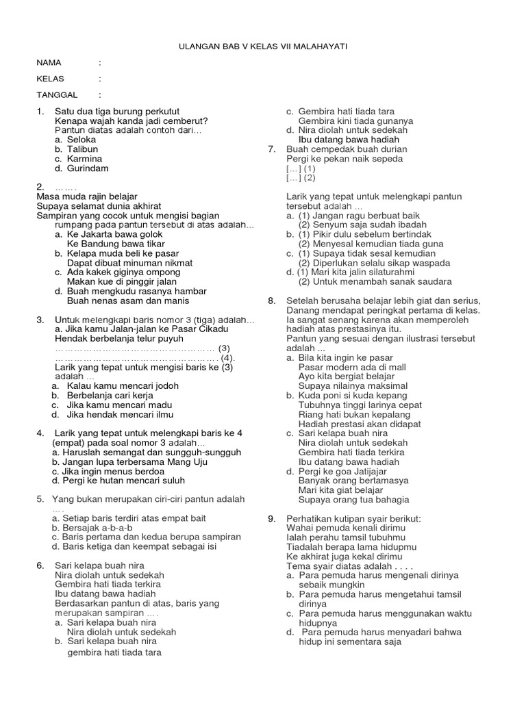 Soal Pantun Kelas 7
