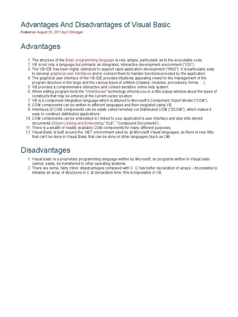 Advantages and Disadvantages of Visual Basic